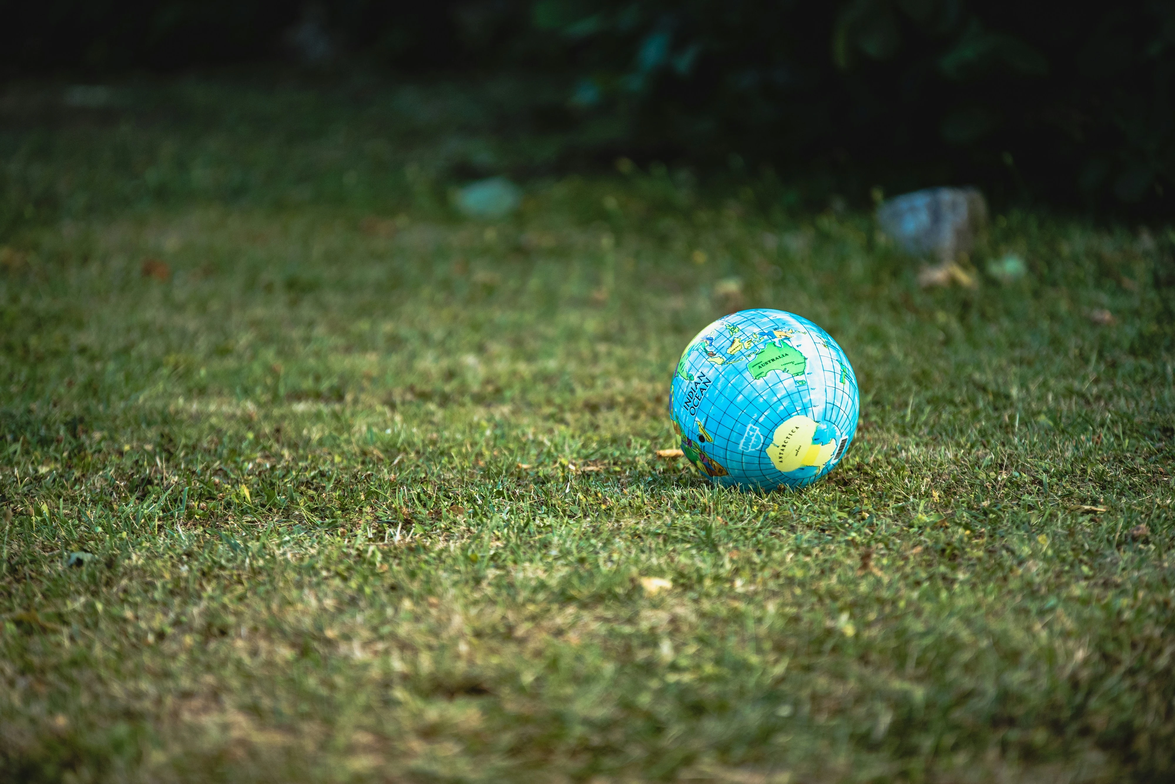A miniature earth in the grass representing the environmental footprint and impact of man's actions.